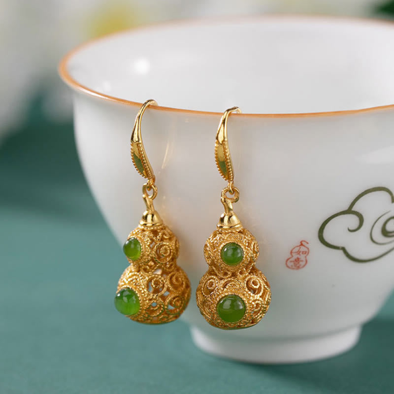 Pendientes de prosperidad con calabaza hueca de jade y Buddha Stones - Calabaza hueca (postes de cobre) - image 1