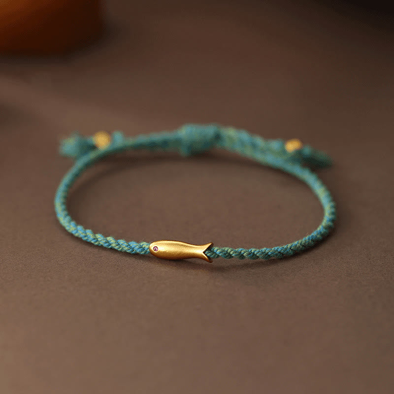 Pulsera de cuerda de cobre con Buddha Stones y pez koi de la suerte - Cuerda azul (circunferencia de la muñeca: 15-17 cm) - image 0