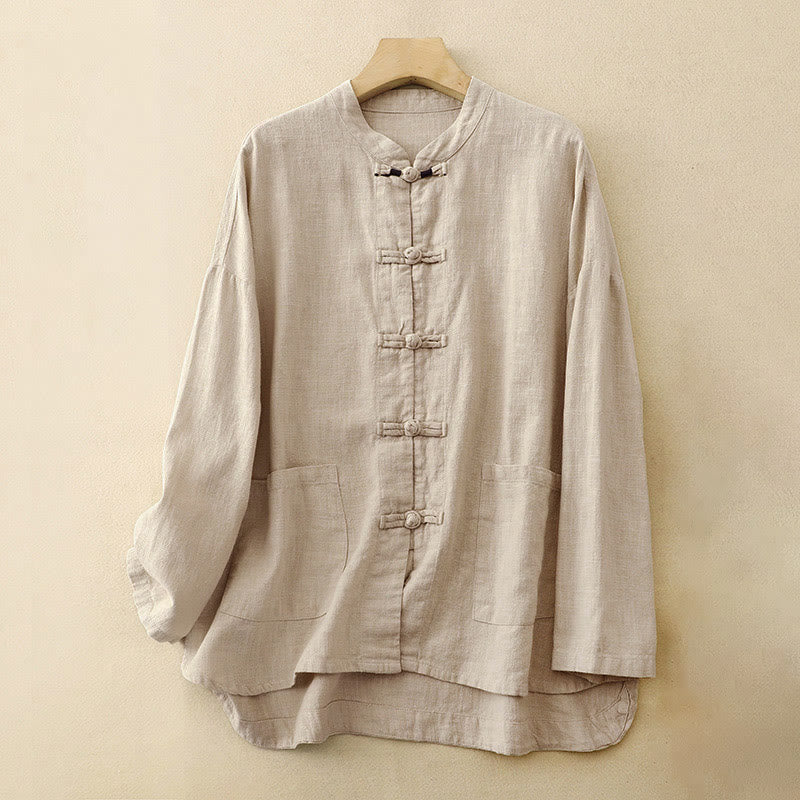 Ropa informal de algodón con botones y nudo chino artístico literario de Buddha Stones - Lino - US8-10，UK/AU12-14，EU40-42 (2XL) - image 0