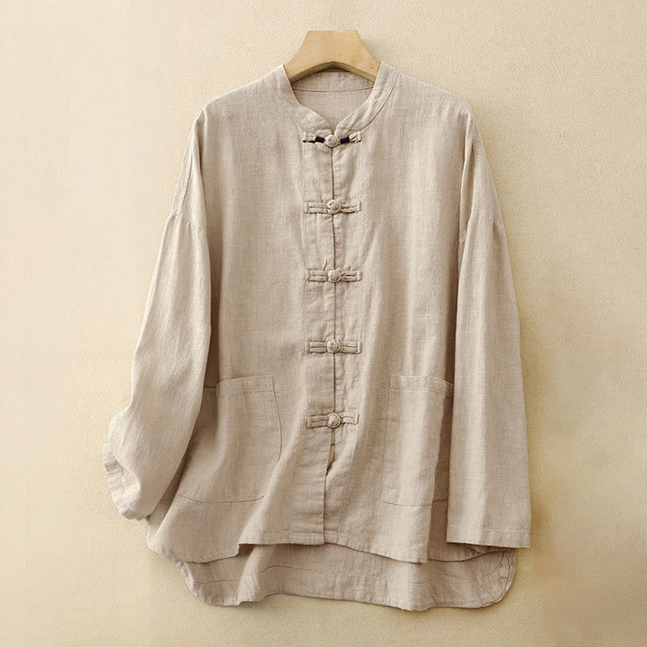 Ropa informal de algodón con botones y nudo chino artístico literario de Buddha Stones - Lino - US8-10，UK/AU12-14，EU40-42 (2XL) - image 0