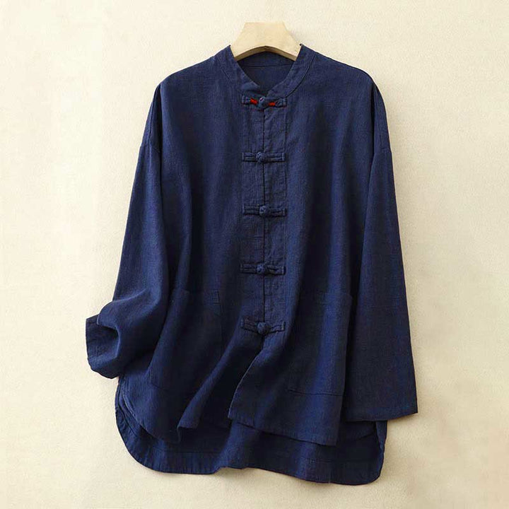 Ropa informal de algodón con botones y nudo chino artístico literario de Buddha Stones - Azul medianoche - US12, UK/AU16, EU44 (2XL) - image 9