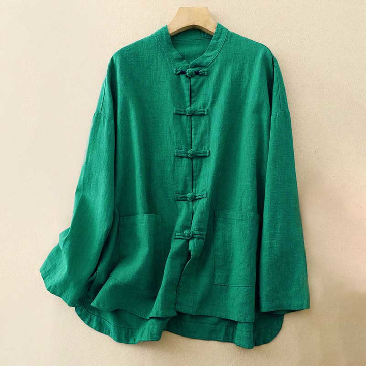 Ropa informal de algodón con botones y nudo chino artístico literario de Buddha Stones - Verde - US12, UK/AU16, EU44 (2XL) - image 14