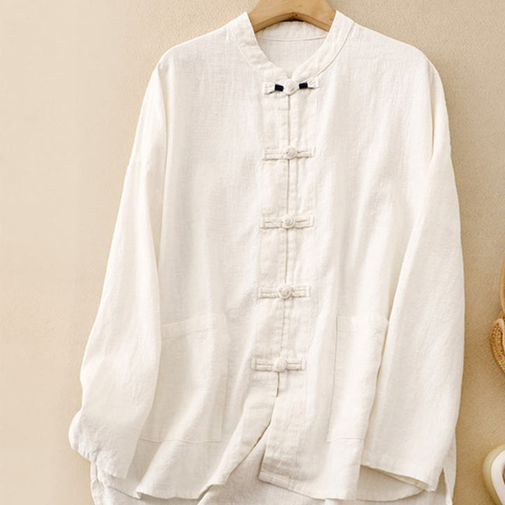 Ropa informal de algodón con botones y nudo chino artístico literario de Buddha Stones - Blanco - US12, UK/AU16, EU44 (2XL) - image 19
