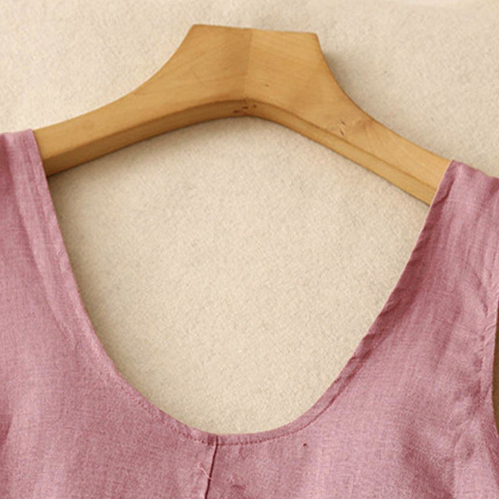 Vestido midi sin mangas de diseño sencillo con cuello redondo y colores puros de estilo casual de verano con Buddha Stones - image 4