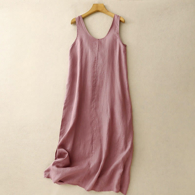 Vestido midi sin mangas de diseño sencillo, color liso, cuello redondo y bolsillos, con estampado Buddha Stones, ideal para uso diario en verano. - Rojo violeta pálido - US14，UK/AU18，EU46 (2XL) - image 0