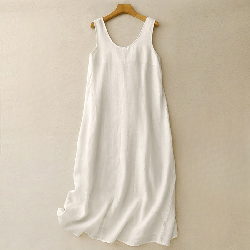 Vestido midi sin mangas de diseño sencillo, color liso, cuello redondo y bolsillos, con estampado Buddha Stones, ideal para uso diario en verano. - Blanco floral - US12, UK/AU16, EU44 (2XL) - image 7