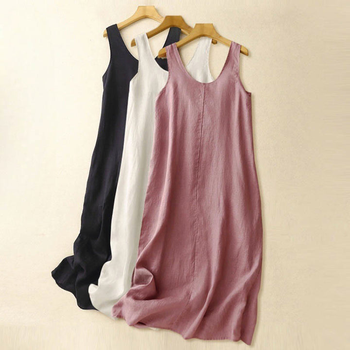 Vestido midi sin mangas de diseño sencillo, color liso, cuello redondo y bolsillos, con estampado Buddha Stones, ideal para uso diario en verano. - image 16