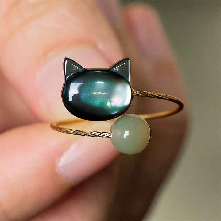 Anillo ajustable con bendición de jade y gato de piedra Tridacna negra de Buddha Stones - Ajustable - image 1
