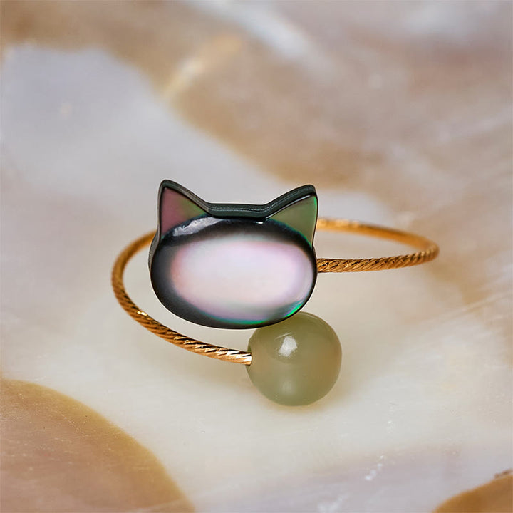 Anillo ajustable con bendición de jade y gato de piedra Tridacna negra de Buddha Stones - image 10