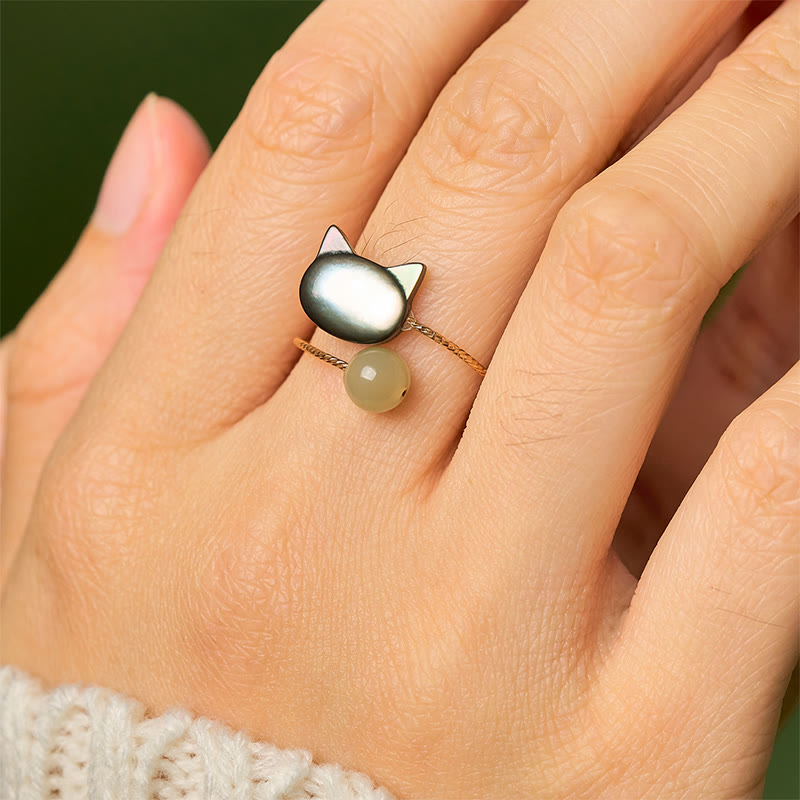 Anillo ajustable con bendición de jade y gato de piedra Tridacna negra de Buddha Stones - image 8