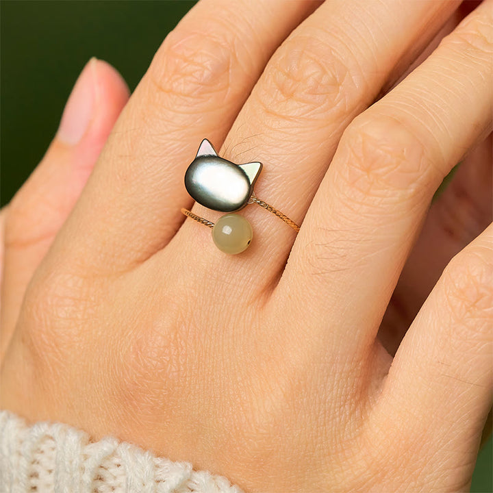 Anillo ajustable con bendición de jade y gato de piedra Tridacna negra de Buddha Stones - image 8
