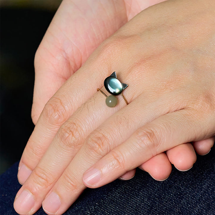 Anillo ajustable con bendición de jade y gato de piedra Tridacna negra de Buddha Stones - image 9