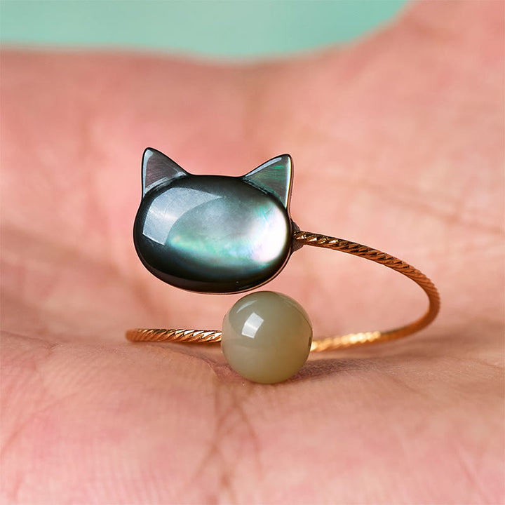 Anillo ajustable con bendición de jade y gato de piedra Tridacna negra de Buddha Stones - image 12