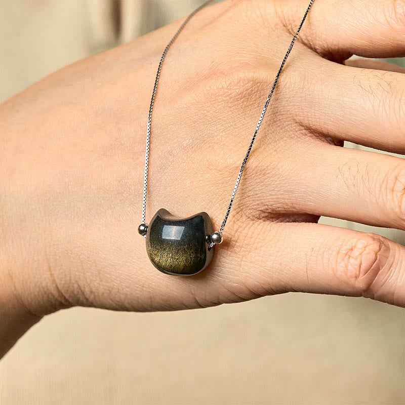 Collar de obsidiana con forma de gato, Buddha Stones , plata de ley 925, brillo natural y obsidiana dorada. - image 7