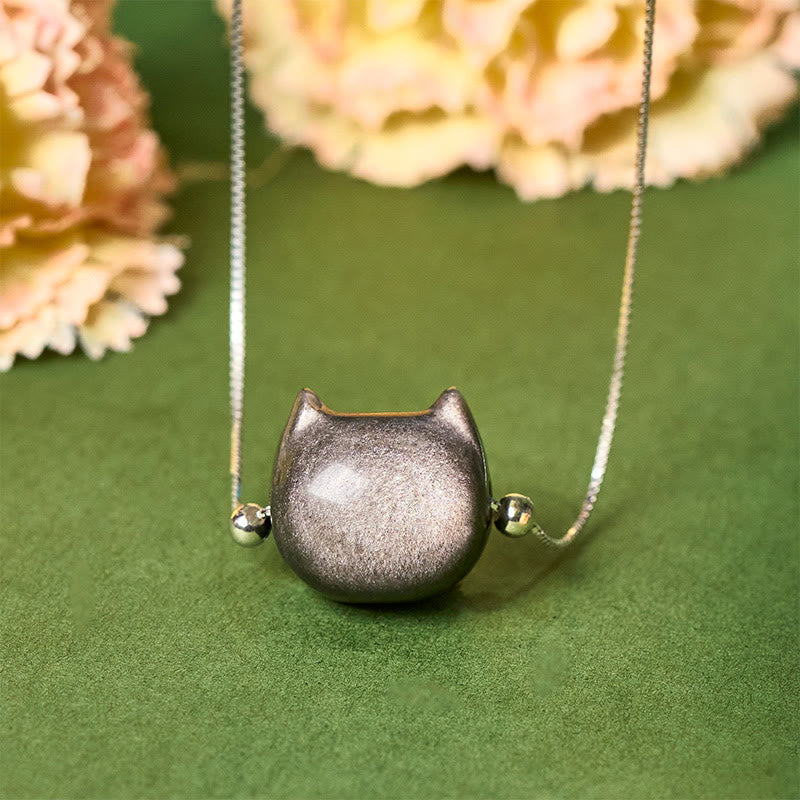 Collar de obsidiana con forma de gato, Buddha Stones , plata de ley 925, brillo natural y obsidiana dorada. - Obsidiana con brillo plateado - image 0