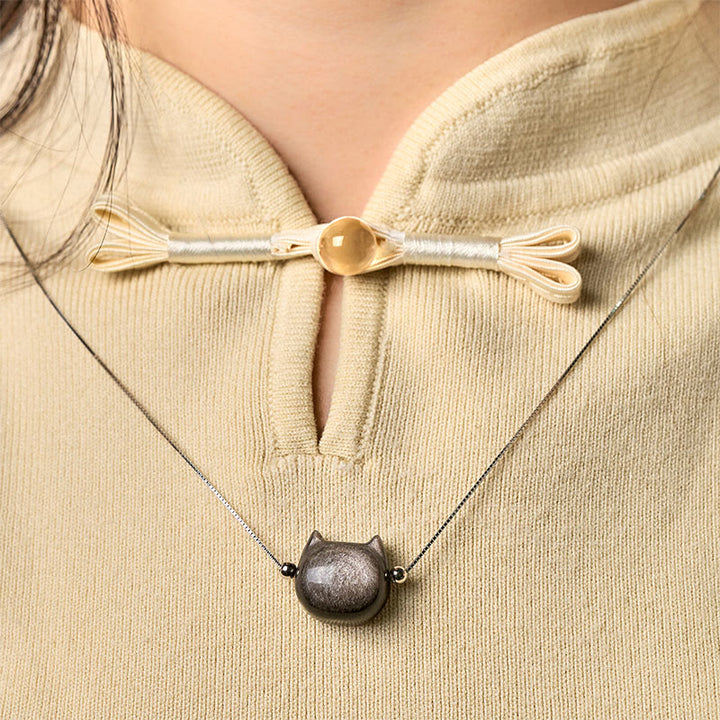 Collar de obsidiana con forma de gato, Buddha Stones , plata de ley 925, brillo natural y obsidiana dorada. - image 1