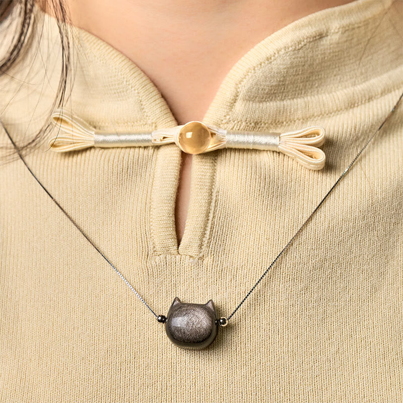 Collar de obsidiana con forma de gato, Buddha Stones , plata de ley 925, brillo natural y obsidiana dorada. - image 2