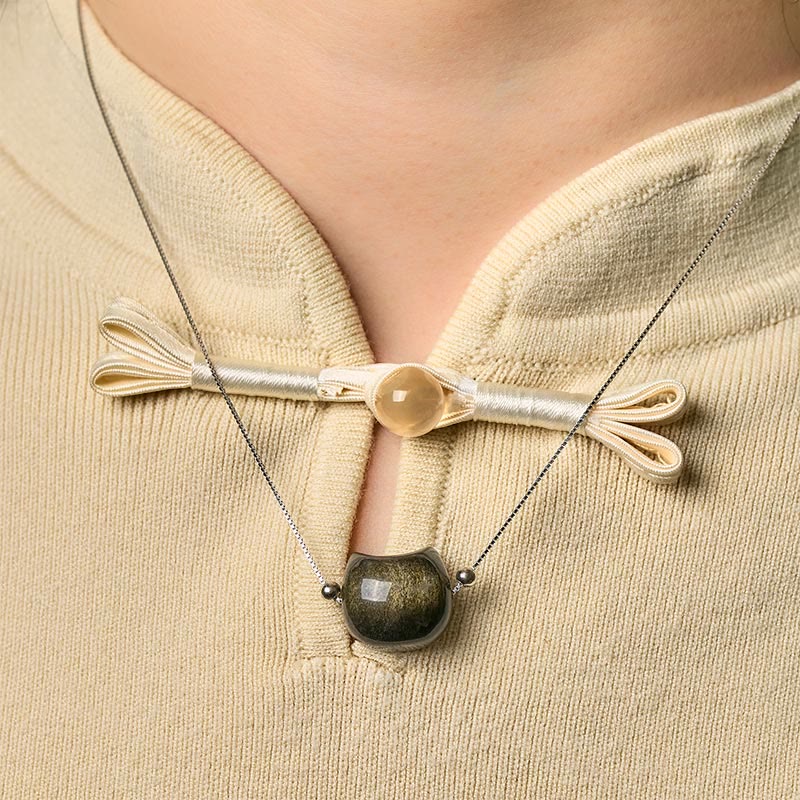 Collar de obsidiana con forma de gato, Buddha Stones , plata de ley 925, brillo natural y obsidiana dorada. - image 8
