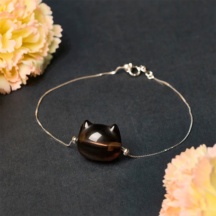 Pulsera positiva de obsidiana de hielo natural con diseño de gato en plata de ley 925 con Buddha Stones - image 3