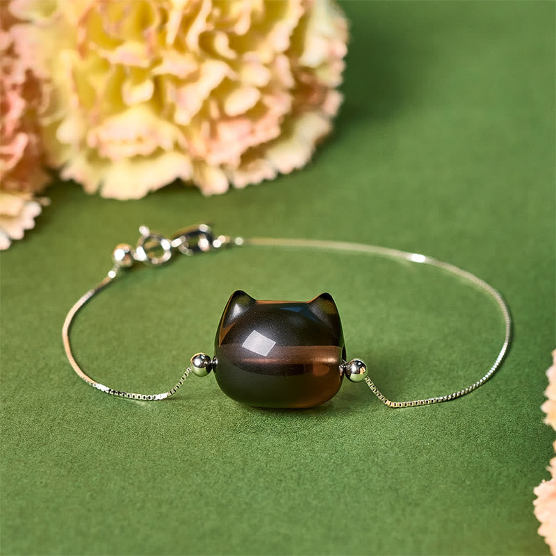 Pulsera positiva de obsidiana de hielo natural con diseño de gato en plata de ley 925 con Buddha Stones - 18-22 cm - image 1