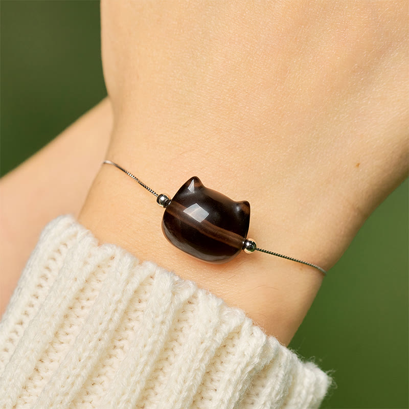 Pulsera positiva de obsidiana de hielo natural con diseño de gato en plata de ley 925 con Buddha Stones - image 5
