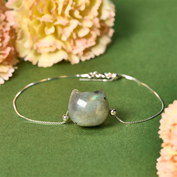 Pulsera curativa de labradorita natural con cabeza de gato sin rostro de Buddha Stones en plata de ley 925 - 18-22 cm - image 0