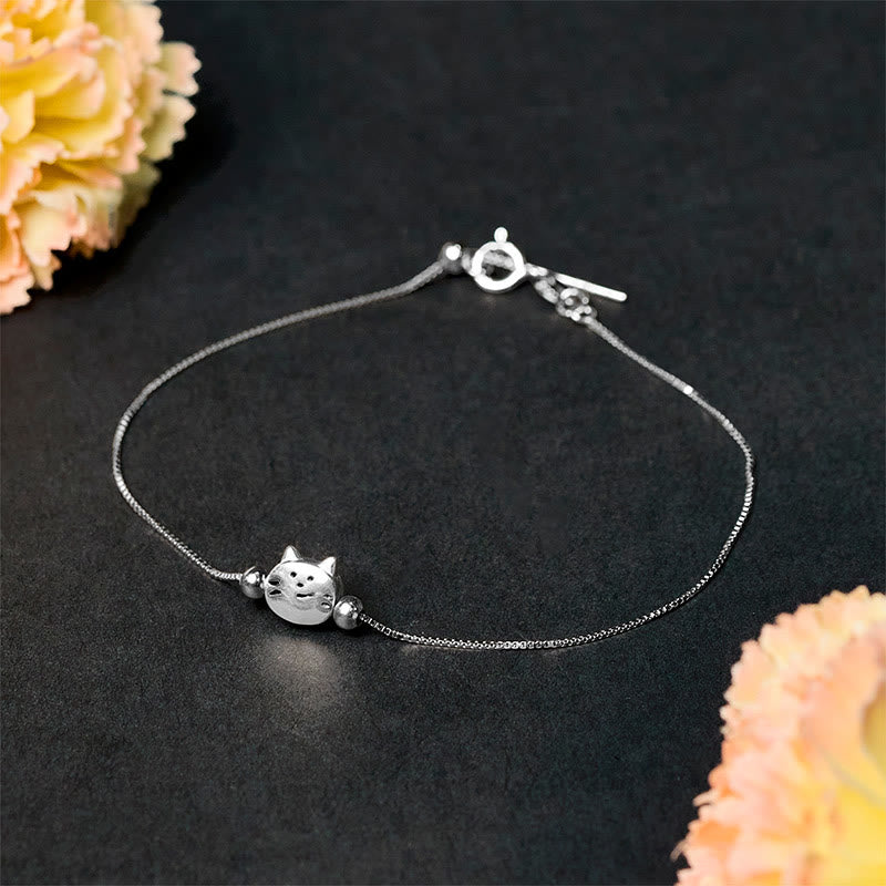 Pulsera de cadena con mini gato bendecido de plata de ley 925 con Buddha Stones - Pulsera de gato (circunferencia de muñeca: 17-22 cm) - image 0