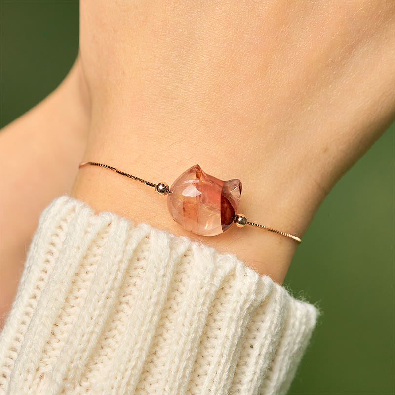 Pulsera de plata de ley 925 con Buddha Stones y cabeza de gato sin rostro, cuarzo rojo natural y flor de pasión - image 5