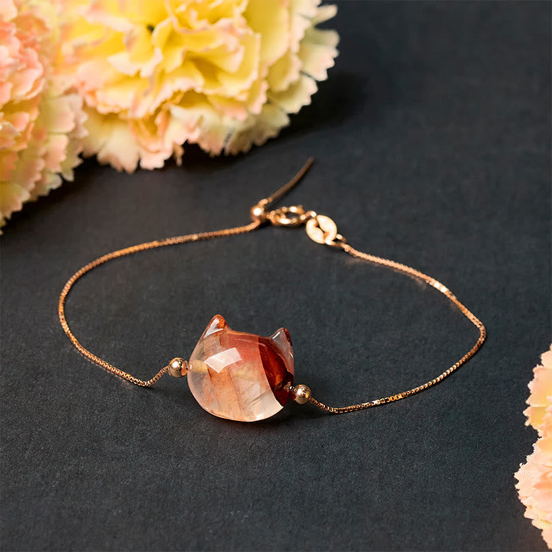 Pulsera de plata de ley 925 con Buddha Stones y cabeza de gato sin rostro, cuarzo rojo natural y flor de pasión - image 3