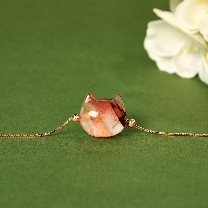 Pulsera de plata de ley 925 con Buddha Stones y cabeza de gato sin rostro, cuarzo rojo natural y flor de pasión - image 2