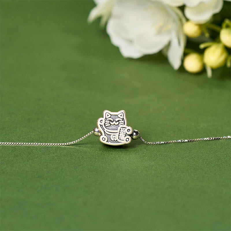 Pulsera de protección con cadena de plata de ley 925 y Buddha Stones en plata de ley 999 con diseño de gato de la fortuna - image 1