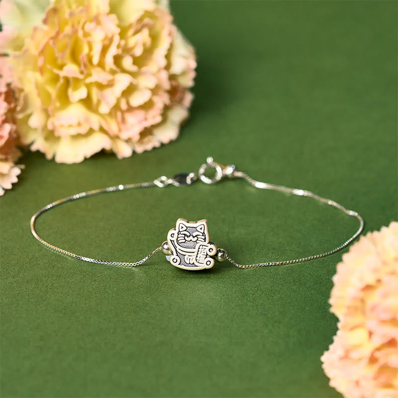Pulsera de protección con cadena de plata de ley 925 y Buddha Stones en plata de ley 999 con diseño de gato de la fortuna - 18-22 cm - image 1