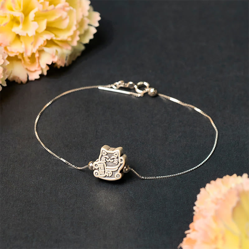 Pulsera de protección con cadena de plata de ley 925 y Buddha Stones en plata de ley 999 con diseño de gato de la fortuna - image 3