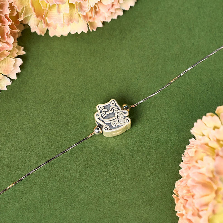 Pulsera de protección con cadena de plata de ley 925 y Buddha Stones en plata de ley 999 con diseño de gato de la fortuna - image 2