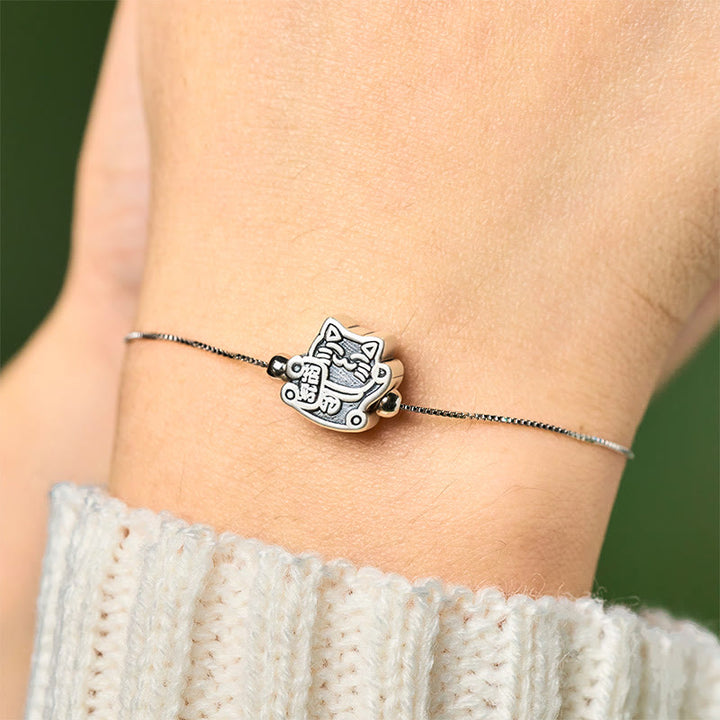 Pulsera de protección con cadena de plata de ley 925 y Buddha Stones en plata de ley 999 con diseño de gato de la fortuna - image 4