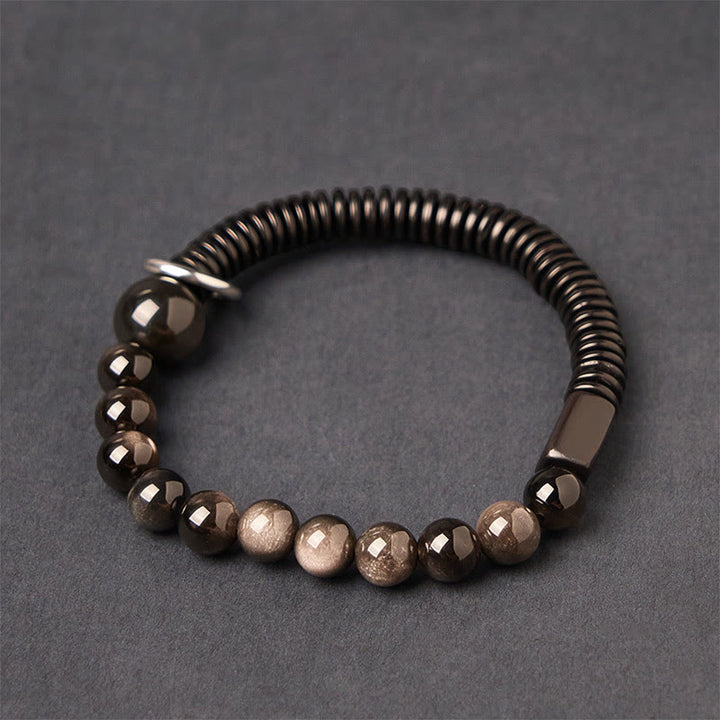 Pulsera protectora de concha de coco y obsidiana con brillo plateado de Buddha Stones - Obsidiana plateada brillante y cáscara de coco (circunferencia de la muñeca: 18-20 cm) - image 1