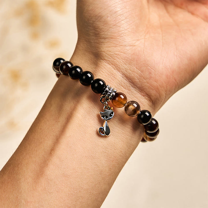 Pulsera protectora de cuentas de ágata rayada marrón oscuro con gato siamés y chocolate de Buddha Stones - image 5