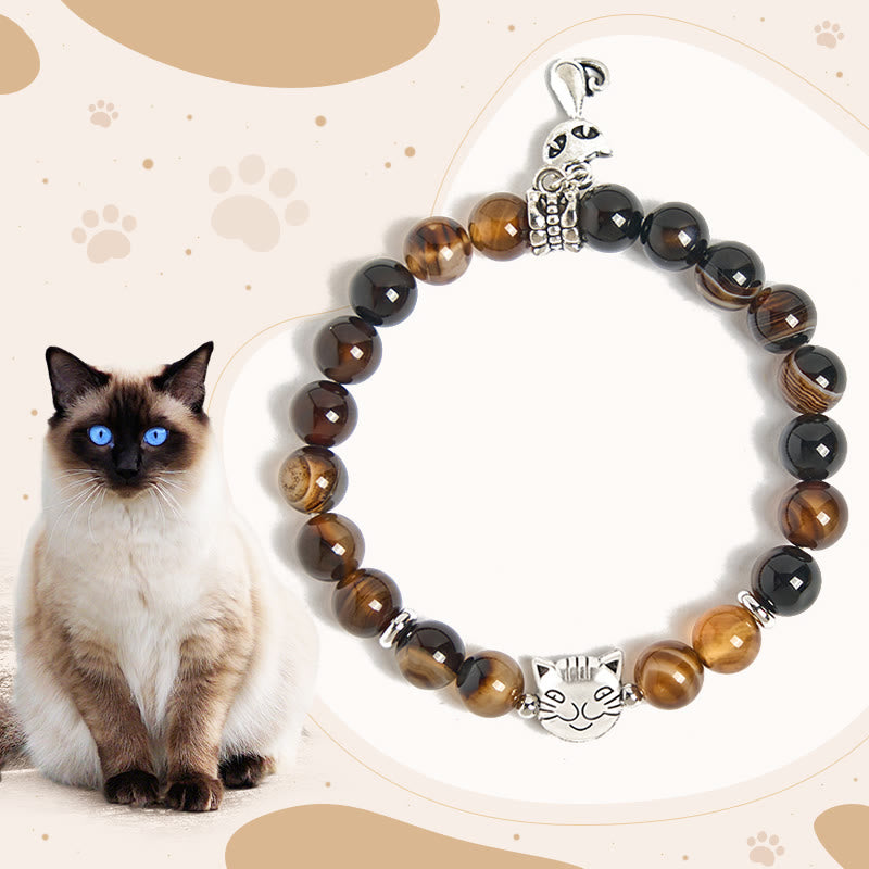 Pulsera protectora de cuentas de ágata rayada marrón oscuro con gato siamés y chocolate de Buddha Stones - Gato siamés chocolate (circunferencia de muñeca: 15-16 cm) - image 1