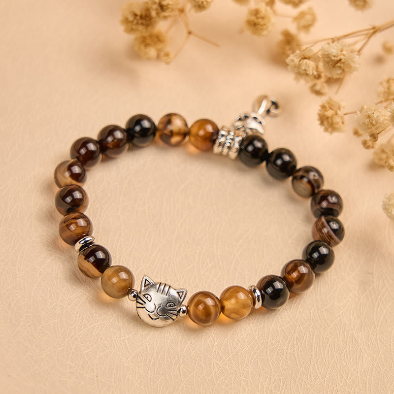 Pulsera protectora de cuentas de ágata rayada marrón oscuro con gato siamés y chocolate de Buddha Stones - image 2