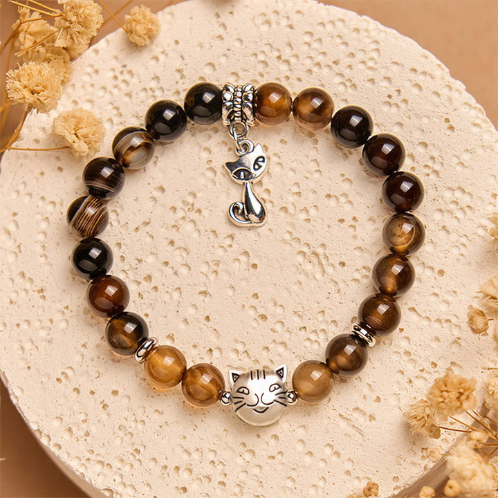 Pulsera protectora de cuentas de ágata rayada marrón oscuro con gato siamés y chocolate de Buddha Stones - image 3