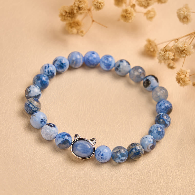 Pulsera de protección de cianita y ágata azul con cabeza de gato natural de Buddha Stones - image 3