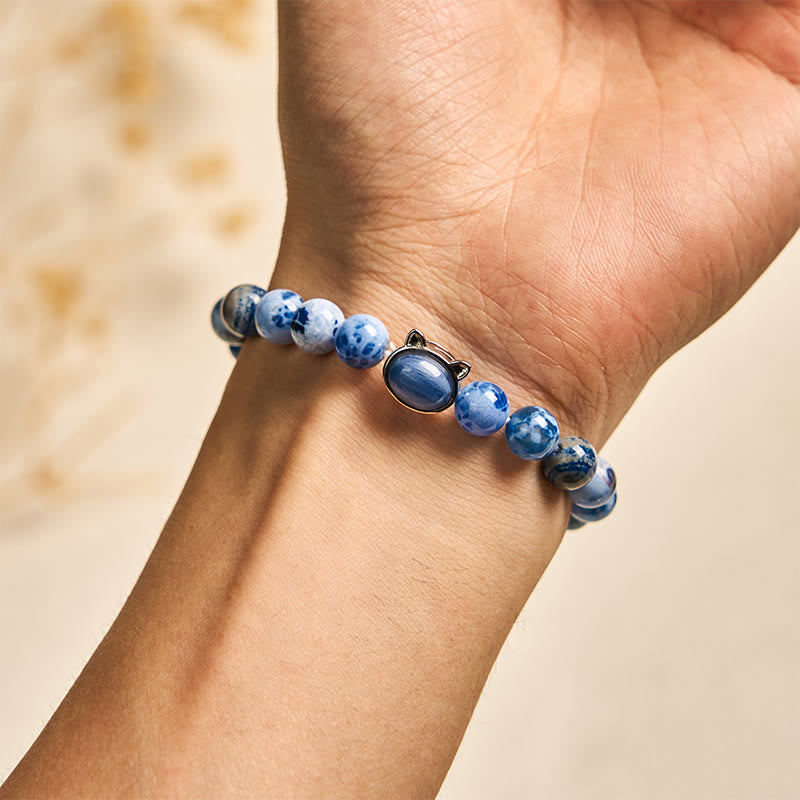 Pulsera de protección de cianita y ágata azul con cabeza de gato natural de Buddha Stones - image 4