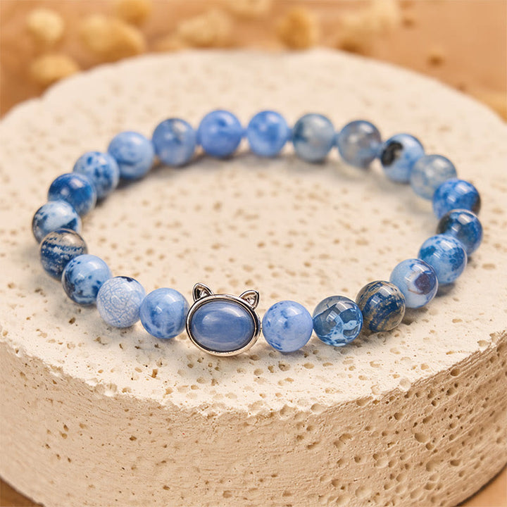 Pulsera de protección de cianita y ágata azul con cabeza de gato natural de Buddha Stones - Ágata azul (circunferencia de la muñeca: 14-16 cm) - image 1