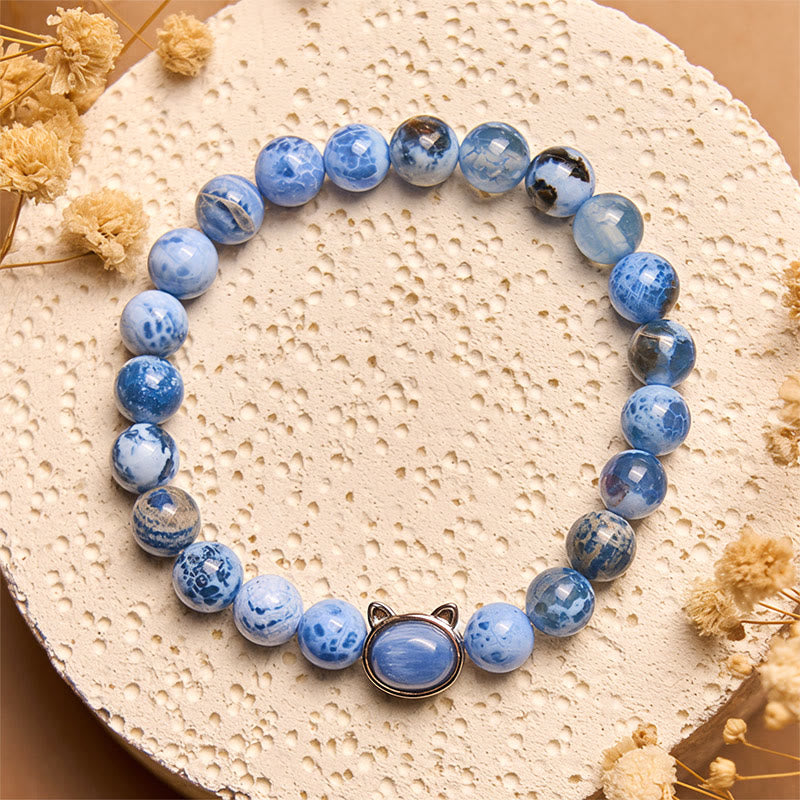 Pulsera de protección de cianita y ágata azul con cabeza de gato natural de Buddha Stones - image 2