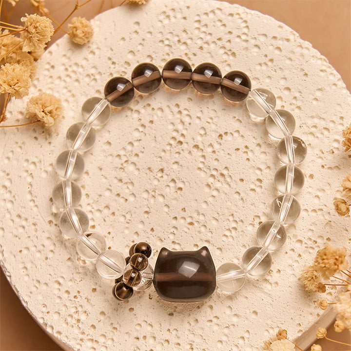 Pulsera protectora de cuarzo ahumado con cristales blancos naturales de gato japonés de cola de caballo de Buddha Stones - image 3