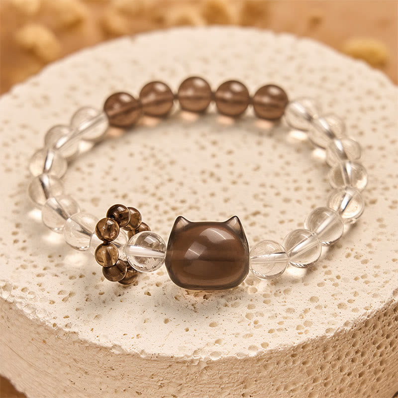 Pulsera protectora de cuarzo ahumado con cristales blancos naturales de gato japonés de cola de caballo de Buddha Stones - image 4