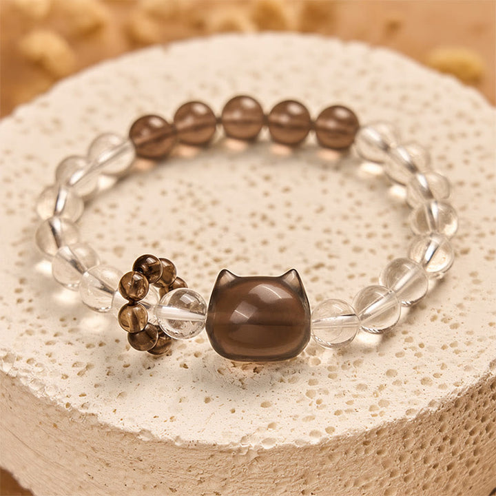 Pulsera protectora de cuarzo ahumado con cristales blancos naturales de gato japonés de cola de caballo de Buddha Stones - image 4