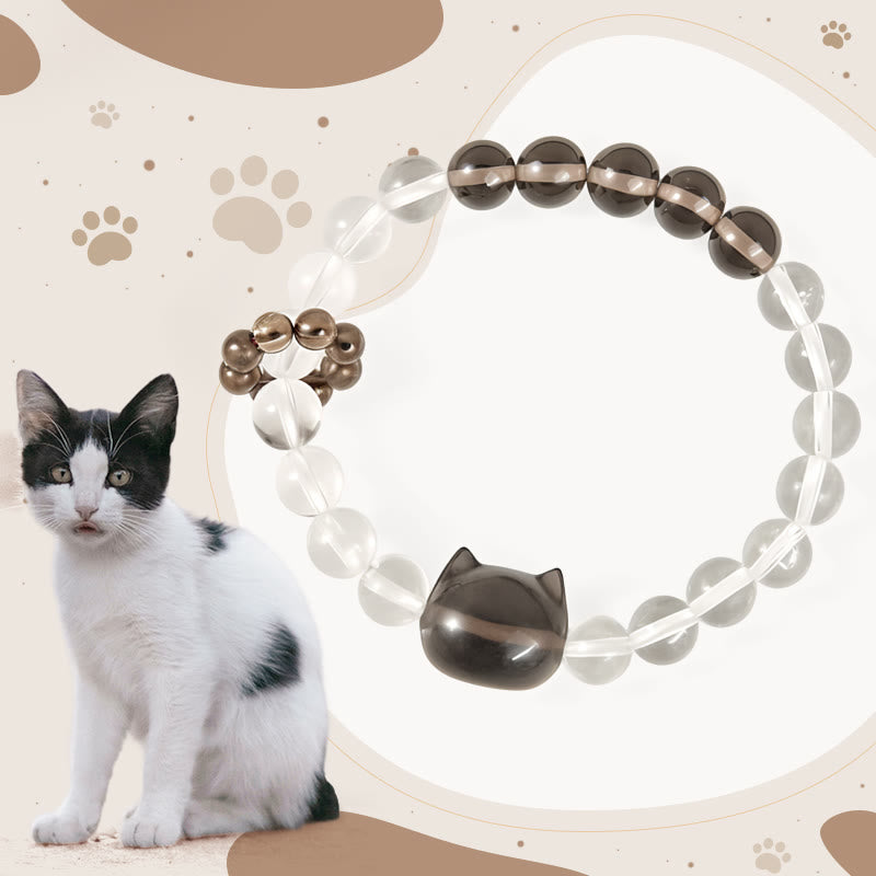 Pulsera protectora de cuarzo ahumado con cristales blancos naturales de gato japonés de cola de caballo de Buddha Stones - Gato Bobtail Japonés (Circunferencia de la muñeca: 14-16 cm) - image 1