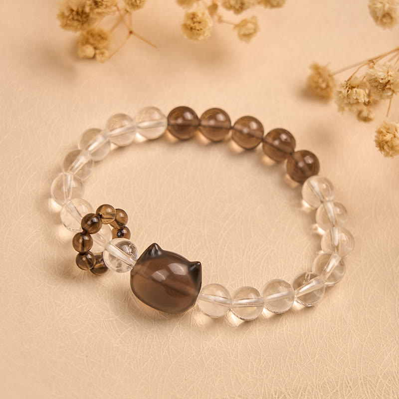 Pulsera protectora de cuarzo ahumado con cristales blancos naturales de gato japonés de cola de caballo de Buddha Stones - image 2