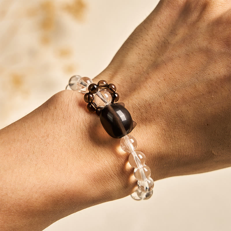 Pulsera protectora de cuarzo ahumado con cristales blancos naturales de gato japonés de cola de caballo de Buddha Stones - image 5
